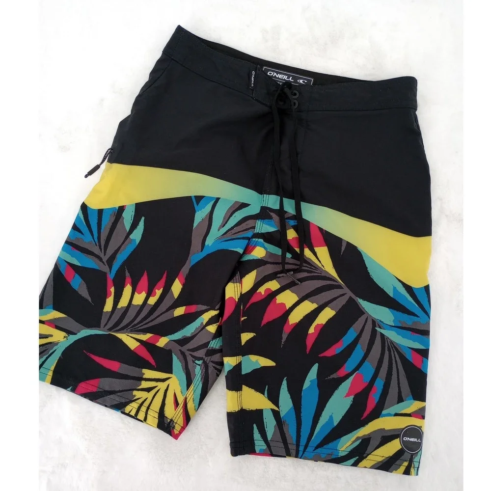 O'Neill Hyperfreak Board Shorts Boys Size 26 Black Tropical Print Swim Trunks